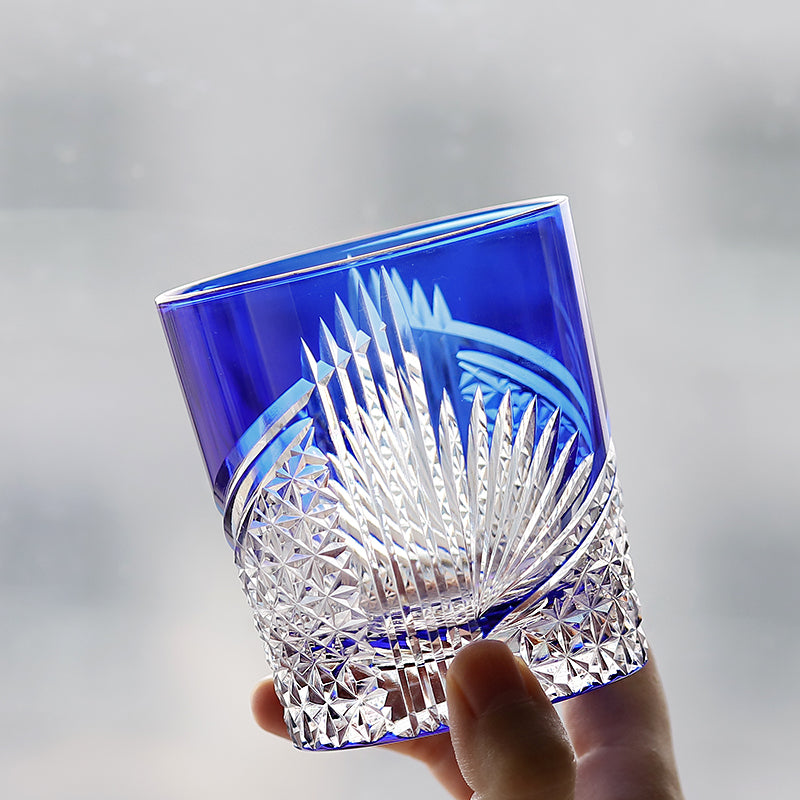 JP-123 250 ml Hand Cut To Clear Blue Tinted Glass Whiskey Tumbler Blue In Gift Box