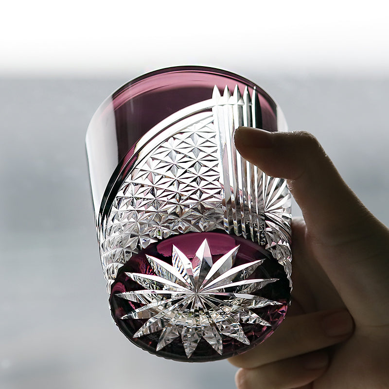 JP-123 8.5 oz Mouth Blown Purple Edo Kiriko Glass Rocks Cocktail Whiskey Tumbler In Gift Box