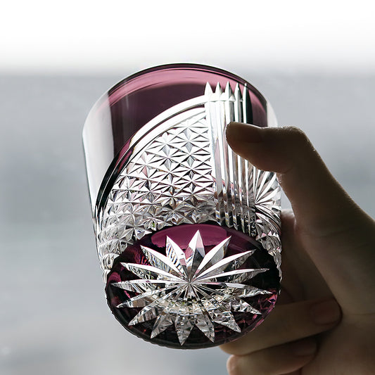 JP-123 8.5 oz Mouth Blown Purple Edo Kiriko Glass Rocks Cocktail Whiskey Tumbler In Gift Box