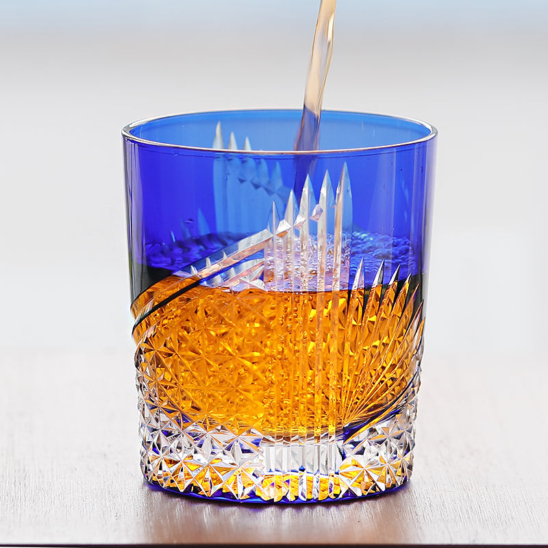 JP-123 250 ml Hand Cut To Clear Blue Tinted Glass Whiskey Tumbler Blue In Gift Box