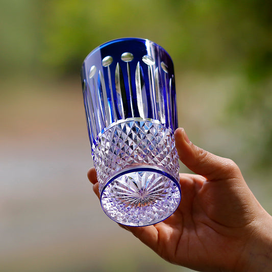 JP-094 Hand Cut To Blue Crystal Bar Service Hand Cut Star Shaped Base Highball Glass Tumblers Blue Crystal Glass High Tumbler 12.3oz