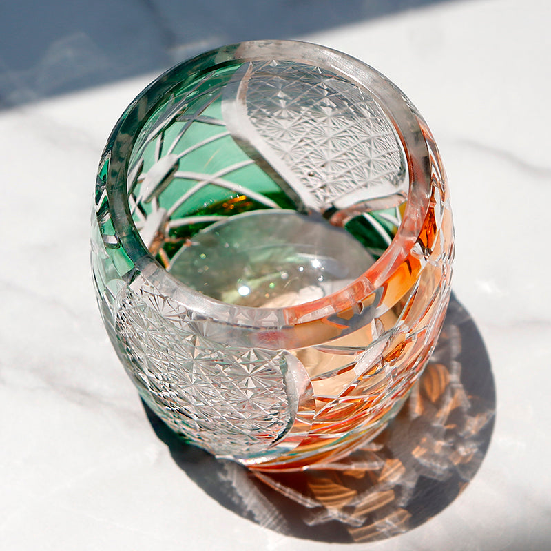 JP-077 Green Red Edo Kiriko Style Whiskey Glass Tumblers Adorned With Hand Carved Chrysanthemum Mesh and Balls