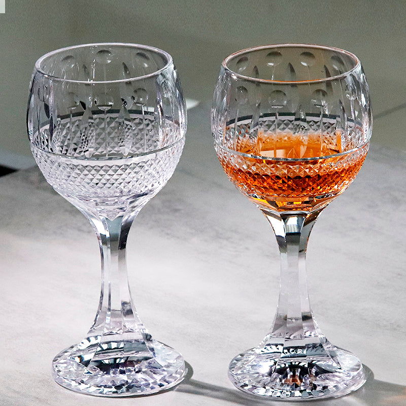 JP-096-3 Hand Cut Lead Free Crystal Glass Wine Goblet Water Beverages Stem Glass With Hand Carved diamond, almond, filet, cord and pearl cuts