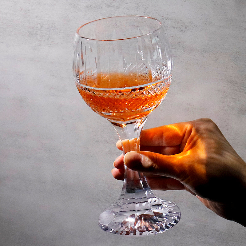JP-096-3 Hand Cut Lead Free Crystal Glass Wine Goblet Water Beverages Stem Glass With Hand Carved diamond, almond, filet, cord and pearl cuts