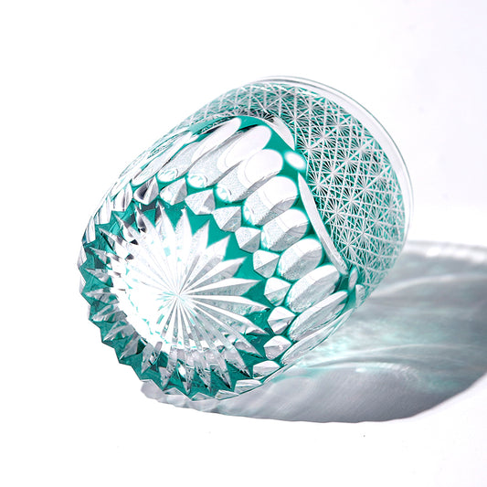 JP-059 250ml Roundish Japanese Style Hand cut and green cased glass whiskey tumblers Edo Kiriko's corydalis design