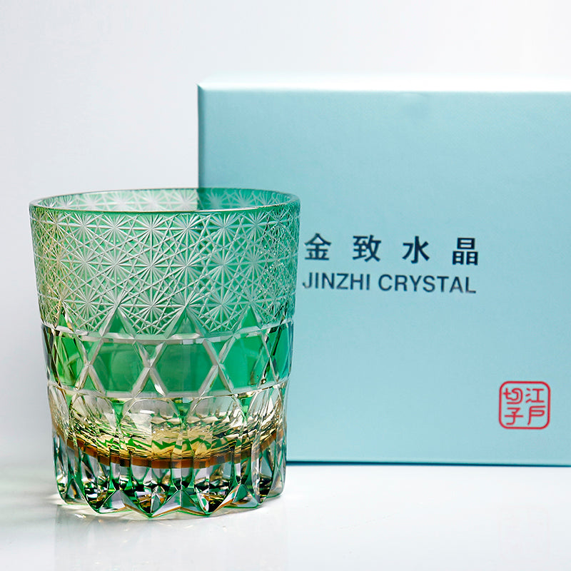 JP-116 240ml Luxury Green Edo Kiriko Old Fashioned Glass Cocktail Cup Clear Green and Amber Cased Crystal Glass Whiskey Tumblers Hand Cutting Garlands of hexagons And Chrysanthemum Mesh