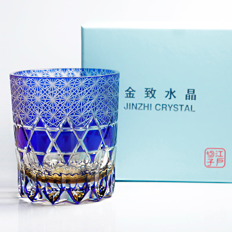 JP-107-S 240ml Luxury Edo Kiriko's Old Fashioned Glass Cocktail Cup Clear Blue and Amber Cased Crystal Glass Whiskey Tumblers Hand Cutting Garlands of hexagons And Chrysanthemum Mesh