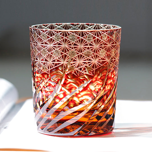JP-040 240 ml Japanese Style Ruby Red Amber Whisky Glasses Edo Kiriko's Roaring Waves Design In Gift Box