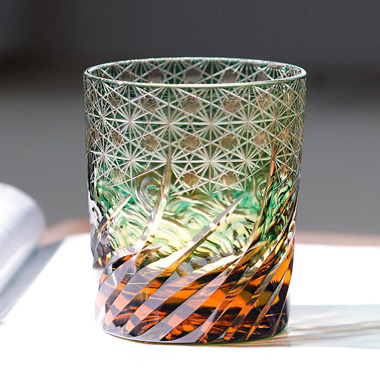 JP-040 240 ml Handcrafts Green and Amber Color Overlaid Glass Whiskey Tumbler Edo Kiriko's Roaring Waves Design In Gift Box