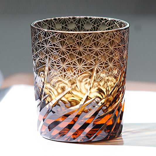 JP-040 240 ml Handcraft Japanese Style Black Amber Overlaid Glass Whiskey Tumbler Edo Kiriko's Roaring Waves Design