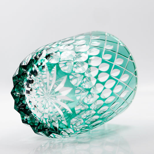JP-060 250ml Roundish Hand Cut To Clear Green Cased Glass Whiskey Glass Tumblers Edo Kiriko Distant Thunder Design