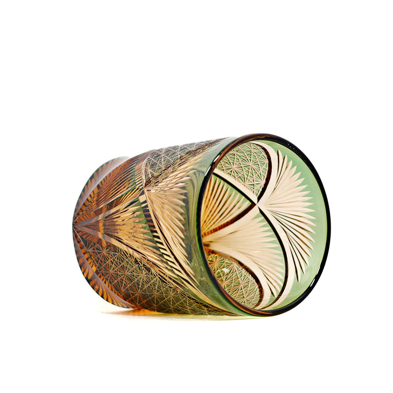 JP-030 250 ml Green and Amber Tinted Glass Whiskey Cup With Hand Cut Classic Chrysanthemum And Fans 2 different Design