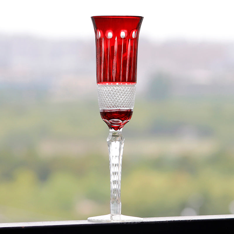 JP-098 Creative Vintage Ruby Red Colored Champagne Flutes 5 oz Hand Cut Lotus Design