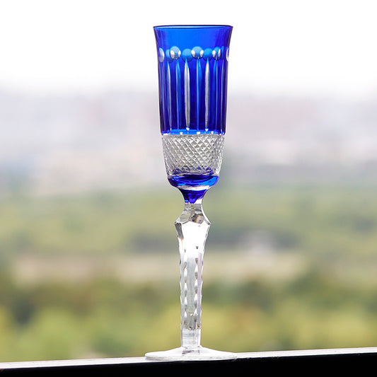 JP-098 Luxury Hand Cut Lotus Design and Dark Blue Color Cased Crystal Glass Champagne Flutes 5 oz
