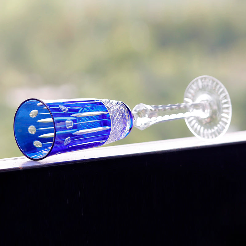 JP-098 Luxury Hand Cut Lotus Design and Dark Blue Color Cased Crystal Glass Champagne Flutes 5 oz