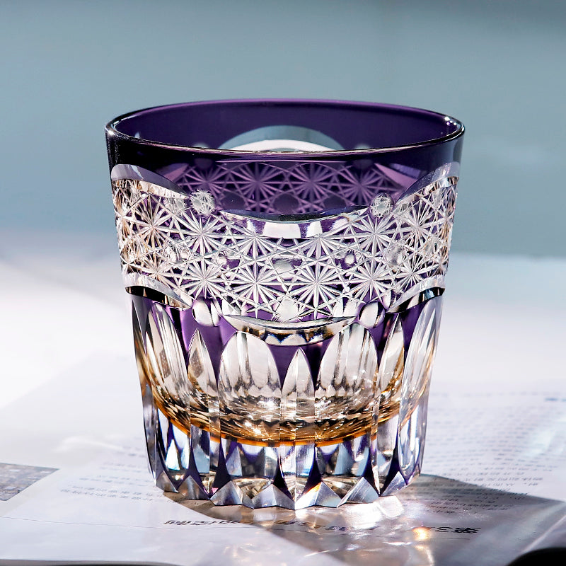 JP-106 32 cl Handcrafts Japanese Style Purple Amber Crystal Glass Whiskey Tumbler Edo Kiriko's Chrysanthemum Mesh And Globular Design With Gift Box