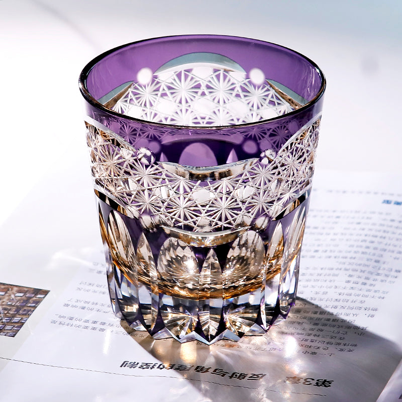 JP-106 32 cl Handcrafts Japanese Style Purple Amber Crystal Glass Whiskey Tumbler Edo Kiriko's Chrysanthemum Mesh And Globular Design With Gift Box