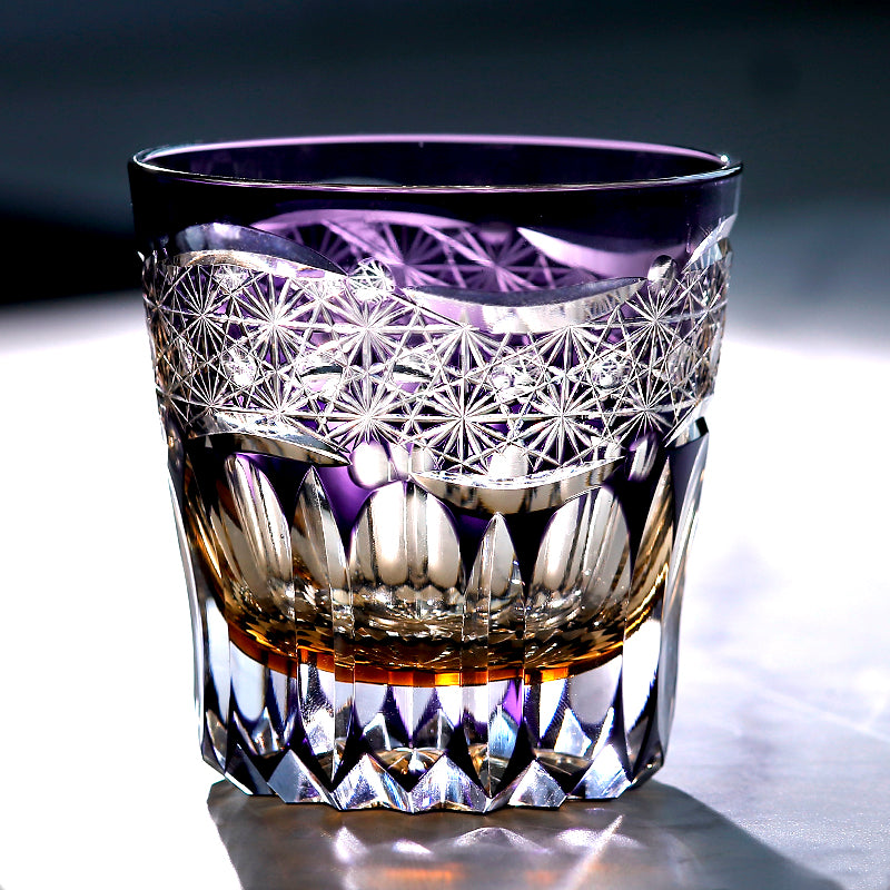 JP-106 32 cl Handcrafts Japanese Style Purple Amber Crystal Glass Whiskey Tumbler Edo Kiriko's Chrysanthemum Mesh And Globular Design With Gift Box