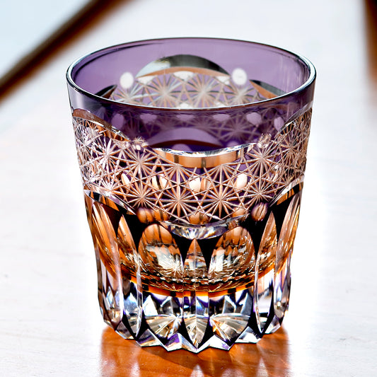JP-049-L 32 cl Handcrafts Japanese Style Purple Amber Crystal Glass Whiskey Tumbler Edo Kiriko's Chrysanthemum Mesh And Globular Design With Gift Box