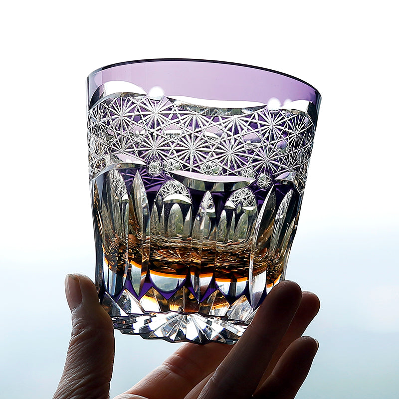 JP-106 32 cl Handcrafts Japanese Style Purple Amber Crystal Glass Whiskey Tumbler Edo Kiriko's Chrysanthemum Mesh And Globular Design With Gift Box