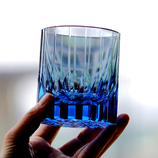 JP-091 200 ml Heavy and Thick Bottom Blue K9 Crystal Glass Tumblers---Hand engraved asterism Patterns