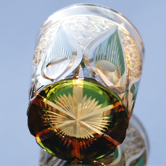 JP-020 25 CL Green and Amber Overlaid Glass Whiskey Tumbler With Hand Engraved candle flame Design
