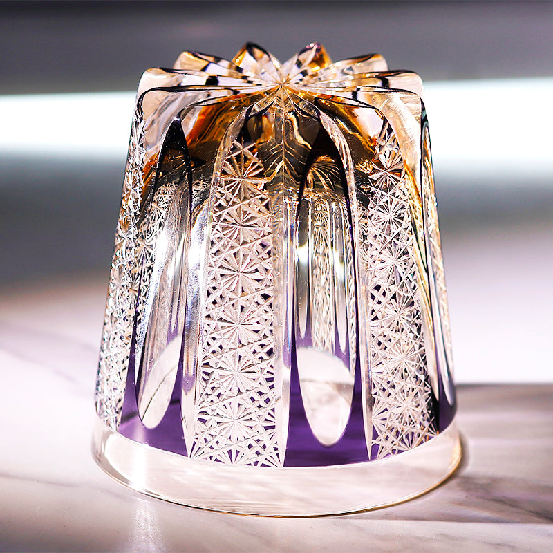 JP-110 32 cl Handcrafts Purple Amber Multilayer Colored Crystal Glass Whisky Tumbler Edo Kiriko's Deep Hand Cutting Strips And Chrysanthemum Mesh Edo Kiriko Old Fashioned Glass Tumbler