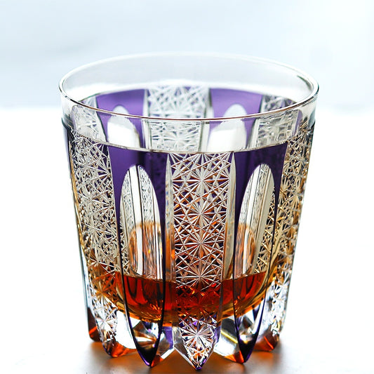JP-110 32 cl Handcrafts Purple Amber Multilayer Colored Crystal Glass Whisky Tumbler Edo Kiriko's Deep Hand Cutting Strips And Chrysanthemum Mesh Edo Kiriko Old Fashioned Glass Tumbler