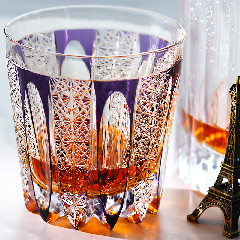 JP-110 32 cl Handcrafts Purple Amber Multilayer Colored Crystal Glass Whisky Tumbler Edo Kiriko's Deep Hand Cutting Strips And Chrysanthemum Mesh Edo Kiriko Old Fashioned Glass Tumbler