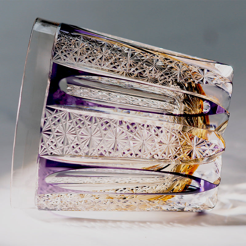 JP-110 32 cl Handcrafts Purple Amber Multilayer Colored Crystal Glass Whisky Tumbler Edo Kiriko's Deep Hand Cutting Strips And Chrysanthemum Mesh Edo Kiriko Old Fashioned Glass Tumbler
