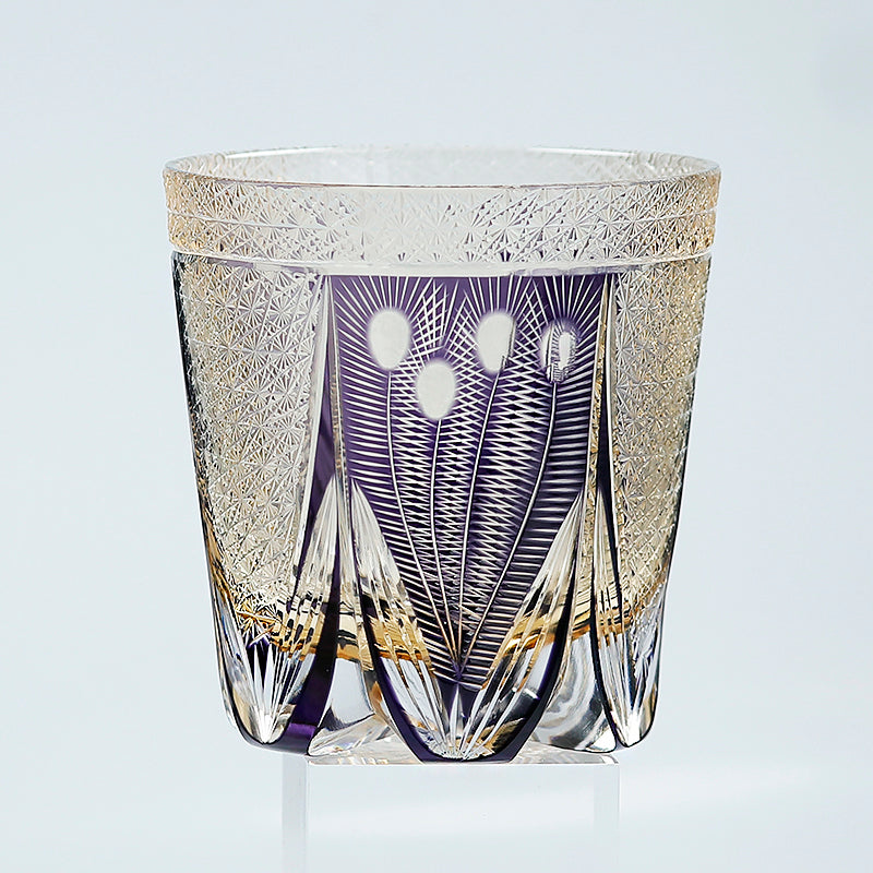 JP-108 320ml Handcrafts Japanese Style Purple Whiskey Glass Edo Kiriko‘s Peacock And Chrysanthemum Mesh Design