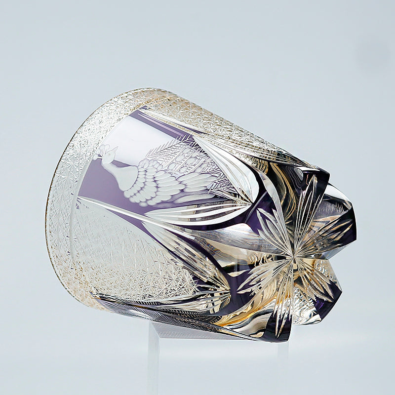 JP-108 320ml Handcrafts Japanese Style Purple Whiskey Glass Edo Kiriko‘s Peacock And Chrysanthemum Mesh Design