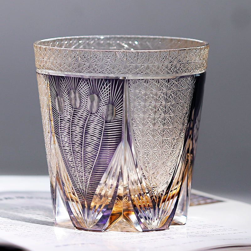 JP-108 320ml Handcrafts Japanese Style Purple Whiskey Glass Edo Kiriko‘s Peacock And Chrysanthemum Mesh Design