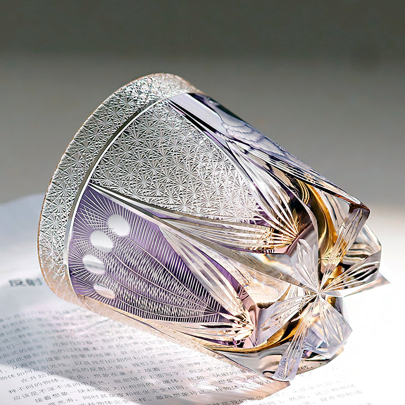 JP-108 320ml Handcrafts Japanese Style Purple Whiskey Glass Edo Kiriko‘s Peacock And Chrysanthemum Mesh Design