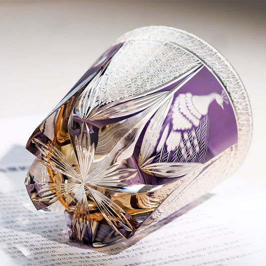 JP-108 320ml Handcrafts Japanese Style Purple Whiskey Glass Edo Kiriko‘s Peacock And Chrysanthemum Mesh Design