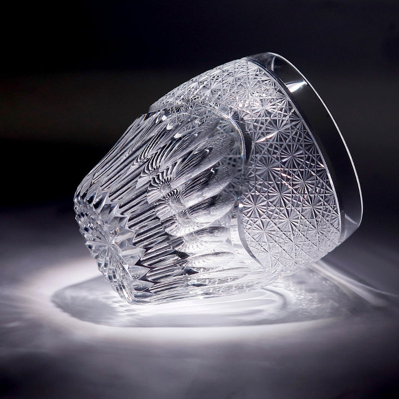 JP-087 9oz Hand Cut Clear K9 Crystal Glass Whiskey Tumbler Kaleidoscope Rock Glasses Edo Kiriko Chrysanthemum