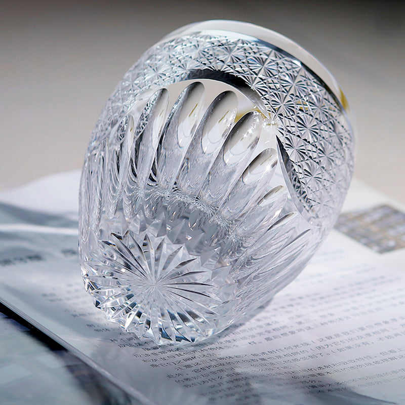 JP-087 9oz Hand Cut Clear K9 Crystal Glass Whiskey Tumbler Kaleidoscope Rock Glasses Edo Kiriko Chrysanthemum