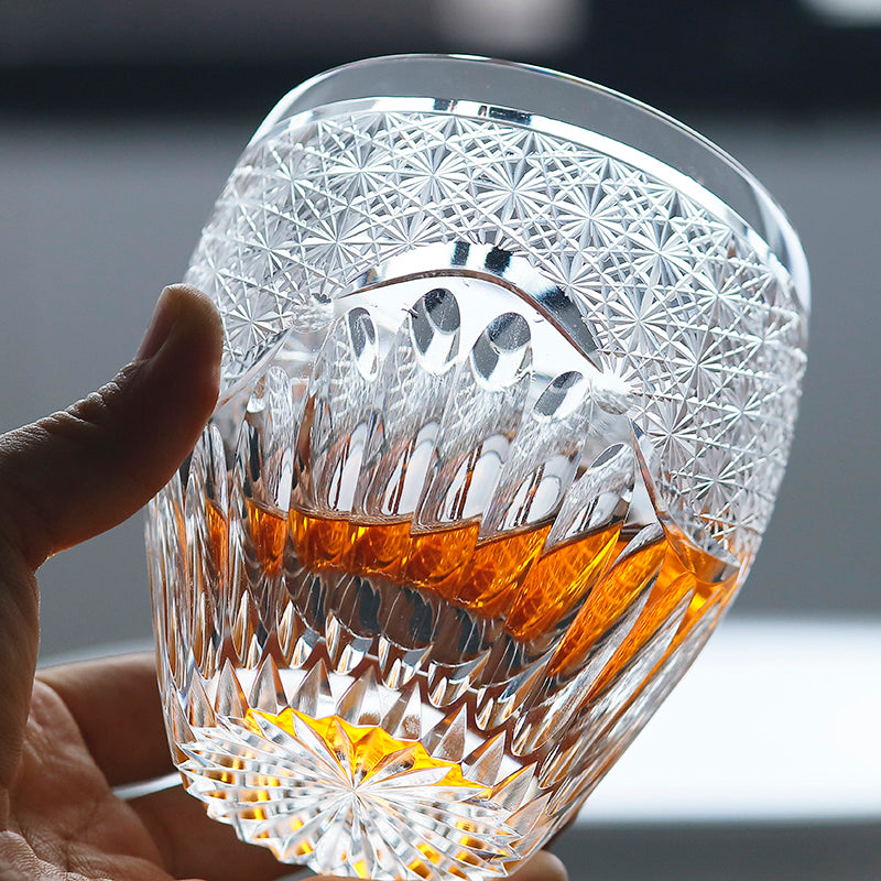 JP-087 9oz Hand Cut Clear K9 Crystal Glass Whiskey Tumbler Kaleidoscope Rock Glasses Edo Kiriko Chrysanthemum