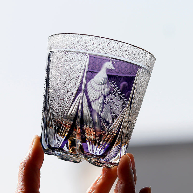 JP-108 320ml Handcrafts Japanese Style Purple Whiskey Glass Edo Kiriko‘s Peacock And Chrysanthemum Mesh Design