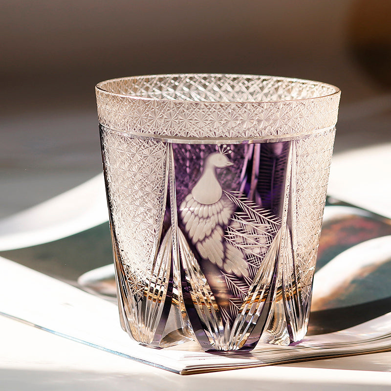 JP-108 320ml Handcrafts Japanese Style Purple Whiskey Glass Edo Kiriko‘s Peacock And Chrysanthemum Mesh Design