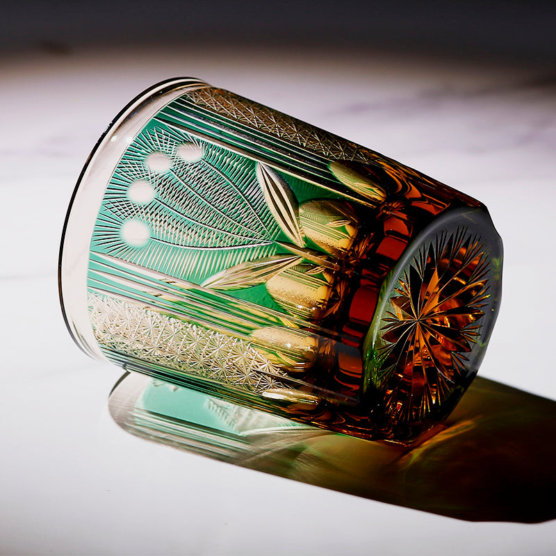 JP-112 8.5oz Edo Kiriko Style Green Cocktail Glass Tumbler Peacock Colored Crystal Glass Whiskey Tumblers