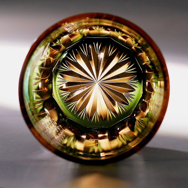 JP-112 8.5oz Edo Kiriko Style Green Cocktail Glass Tumbler Peacock Colored Crystal Glass Whiskey Tumblers