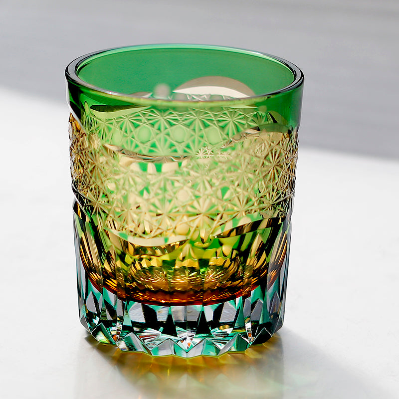 JP-054 240ml New 3kinds color Transparent Green and Amber Cased Crystal Glass Whiskey Tumblers with Hand Carved Chrysanthemum Mesh and globular cuts Design