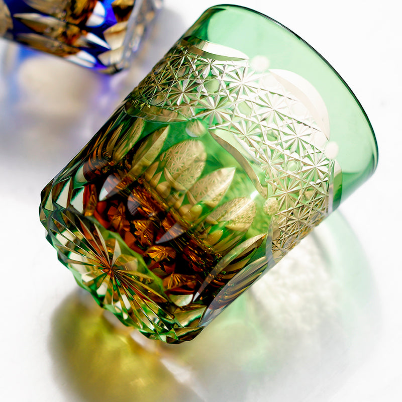 JP-054 240ml New 3kinds color Transparent Green and Amber Cased Crystal Glass Whiskey Tumblers with Hand Carved Chrysanthemum Mesh and globular cuts Design