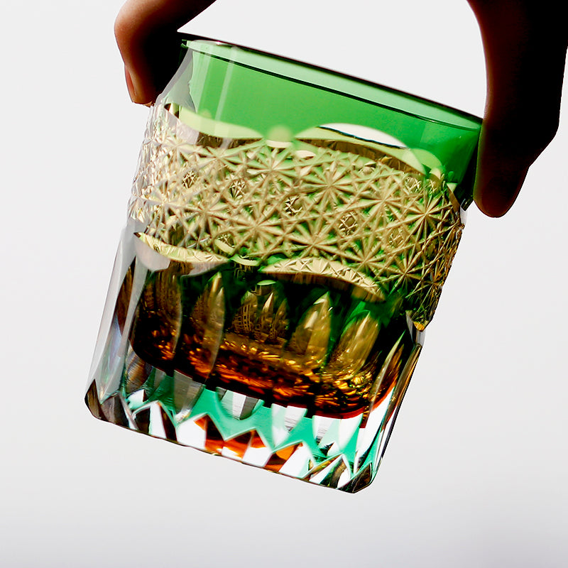 JP-054 240ml New 3kinds color Transparent Green and Amber Cased Crystal Glass Whiskey Tumblers with Hand Carved Chrysanthemum Mesh and globular cuts Design