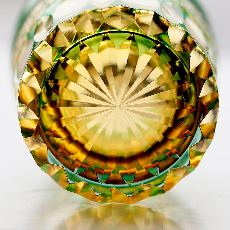 JP-054 240ml New 3kinds color Transparent Green and Amber Cased Crystal Glass Whiskey Tumblers with Hand Carved Chrysanthemum Mesh and globular cuts Design