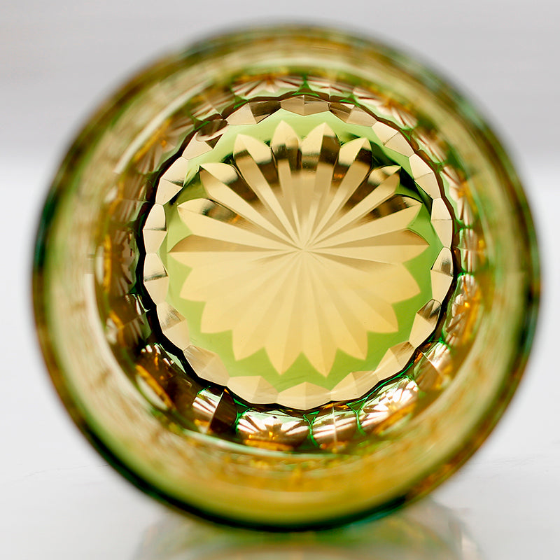 JP-054 240ml New 3kinds color Transparent Green and Amber Cased Crystal Glass Whiskey Tumblers with Hand Carved Chrysanthemum Mesh and globular cuts Design