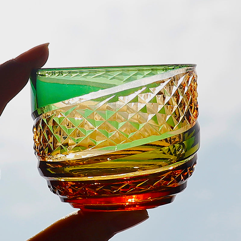 5 Styles Green-Amber Edo Kiriko Globe Sake Shot Glass