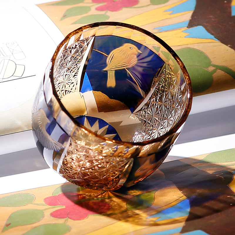 QJ-02 60 ML Blue Premium Peace Dove Shot Glass Green and Amber Colored Cold Sake Glass Cup,Chilled Sake Glass ,Small Drinking Vessel With Hand Cut Kiriko Chrysanthemum Design