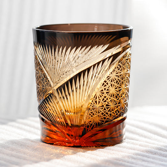 JP-030 250 ml Black and Amber Tinted Glass Whiskey Cup With Hand Cut Classic Chrysanthemum And Fans 2 different Design